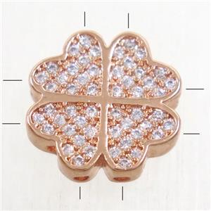 copper four-leaf Clover beads paved zircon, rose gold, approx 12mm