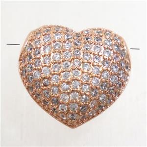 copper heart beads paved zircon, rose gold, approx 14x15mm