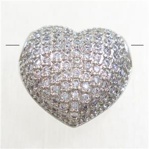copper heart beads paved zircon, platinum plated, approx 14x15mm