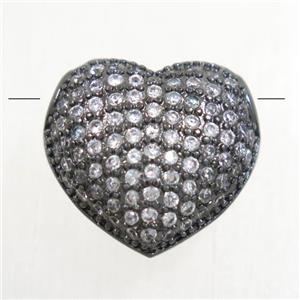 copper heart beads paved zircon, black plated, approx 14x15mm