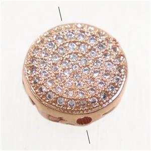 copper flat-round beads paved zircon, rose gold, approx 11.5mm dia