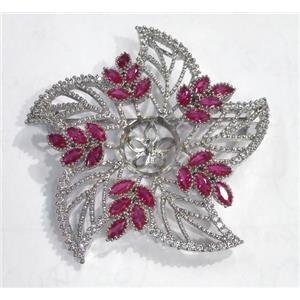 copper flower brooch paved zircon, platinum plated, approx 40mm dia
