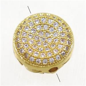 copper flat-round beads paved zircon, gold plated, approx 11.5mm dia