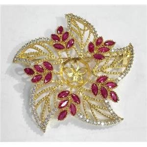 copper flower brooch paved zircon, gold plated, approx 40mm dia