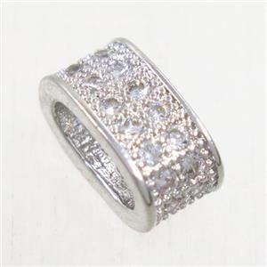 European style copper oval bead paved zircon, platinum plated, approx 6x10mm