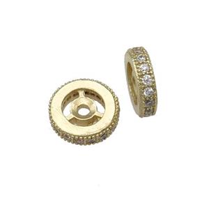 copper spacer beads paved zircon, heishi, gold plated, approx 12mm dia