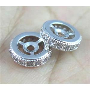 copper spacer beads paved zircon, heishi, platinum plated, approx 8mm dia