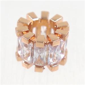 European style copper beads paved zircon, tube, rose gold, approx 7-11mm, 5mm hole