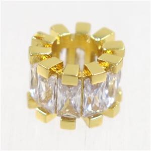 European style copper beads paved zircon, tube, gold plated, approx 7-11mm, 5mm hole