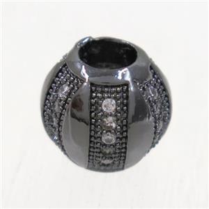 European style copper barrel beads paved zircon, black plated, approx 9.5mm dia, 4mm hole