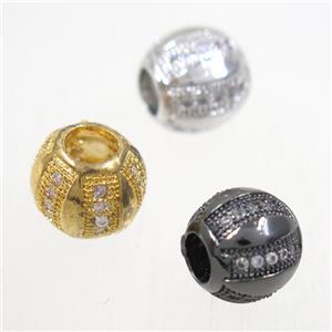 European style copper barrel beads paved zircon, mix color, approx 9.5mm dia, 4mm hole