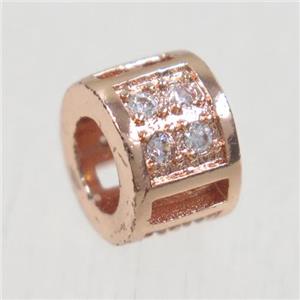 European style copper tube beads paved zircon, rose gold, approx 6x9mm, 4mm hole