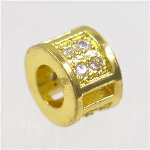 European style copper tube beads paved zircon, gold plated, approx 6x9mm, 4mm hole