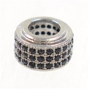 European style copper beads paved zircon, rondelle, platinum plated, approx 6x9mm, 5mm hole