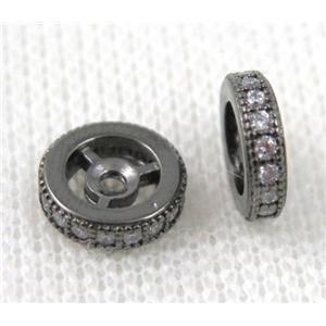 copper spacer beads paved zircon, heishi, black plated, approx 6mm dia