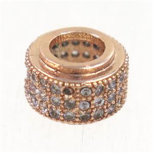 European style copper beads paved zircon, rondelle, rose gold, approx 6x9mm, 5mm hole