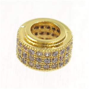 European style copper beads paved zircon, rondelle, gold plated, approx 6x9mm, 5mm hole
