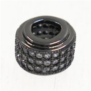 European style copper beads paved zircon, rondelle, black plated, approx 6x9mm, 5mm hole