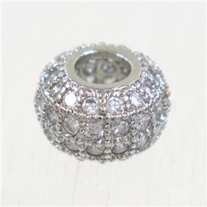 European style copper beads paved zircon, rondelle, platinum plated, approx 10mm dia, 4mm hole