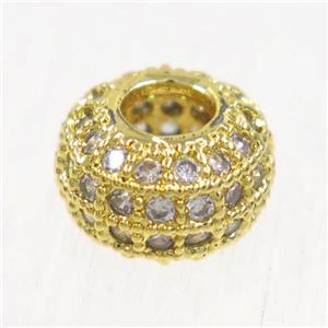 European style copper beads paved zircon, rondelle, gold plated, approx 10mm dia, 4mm hole
