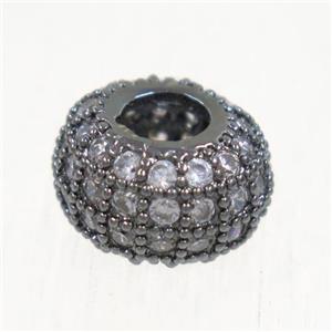 European style copper beads paved zircon, rondelle, black plated, approx 10mm dia, 4mm hole