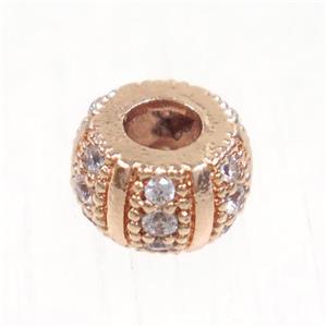 European style copper beads paved zircon, rondelle, rose gold, approx 8mm dia, 3mm hole