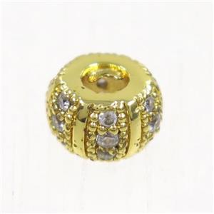 European style copper beads paved zircon, rondelle, gold plated, approx 8mm dia, 3mm hole