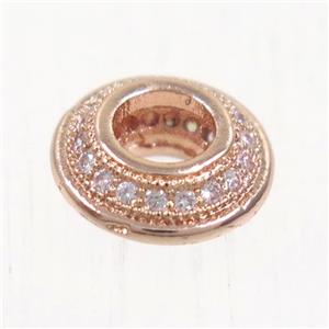 European style copper beads paved zircon, rondelle, rose gold, approx 9.5mm dia, 4mm hole