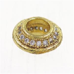 European style copper beads paved zircon, rondelle, gold plated, approx 9.5mm dia, 4mm hole
