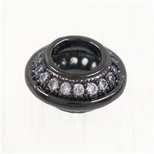 European style copper beads paved zircon, rondelle, black plated, approx 9.5mm dia, 4mm hole