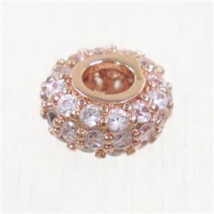 European style copper beads paved zircon, rondelle, rose gold, approx 8mm dia, 3mm hole