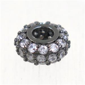 European style copper beads paved zircon, rondelle, black plated, approx 8mm dia, 3mm hole