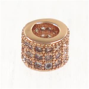 European style copper tube beads paved zircon, rose gold, approx 6mm dia, 3mm hole