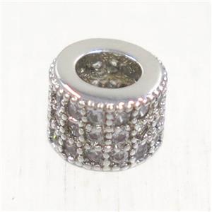 European style copper tube beads paved zircon, platinum plated, approx 6mm dia, 3mm hole