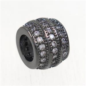 European style copper beads paved zircon, barrel, black plated, approx 7.5x9.5mm, 5mm hole