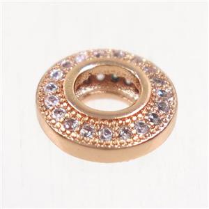 European style copper rondelle beads paved zircon, rose gold, approx 9.5mm dia, 4mm hole