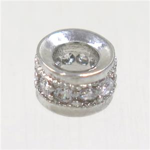 European style copper bead paved zircon, rondelle, platinum plated, approx 6mm dia, 3mm hole