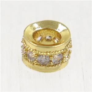 European style copper bead paved zircon, rondelle, gold plated, approx 6mm dia, 3mm hole