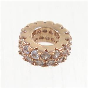 European style copper bead paved zircon, rondelle, rose gold, approx 7.5mm dia, 4mm hole