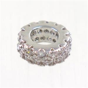 European style copper bead paved zircon, rondelle, platinum plated, approx 7.5mm dia, 4mm hole