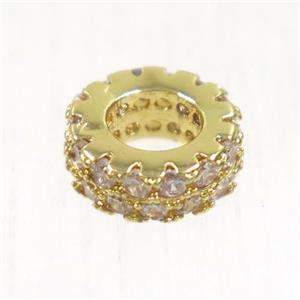 European style copper bead paved zircon, rondelle, gold plated, approx 7.5mm dia, 4mm hole