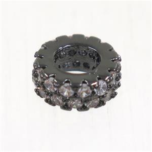 European style copper bead paved zircon, rondelle, black plated, approx 7.5mm dia, 4mm hole