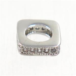 European style copper square beads paved zircon, platinum plated, approx 8x8mm, 5mm hole