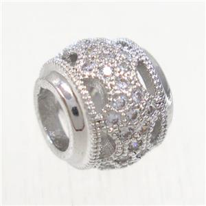 European style copper rondelle beads paved zircon, platinum plated, approx 9x10mm, 5mm hole