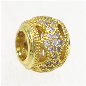 European style copper rondelle beads paved zircon, gold plated, approx 9x10mm, 5mm hole