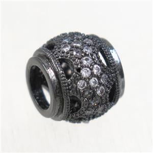 European style copper rondelle beads paved zircon, black plated, approx 9x10mm, 5mm hole