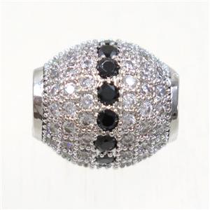 European style copper beads paved zircon, barrel, platinum plated, approx 12x13mm, 5mm hole
