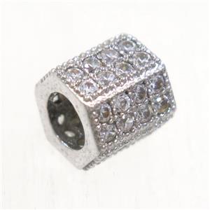 European style copper tube beads paved zircon, platinum plated, approx 7.5-8mm