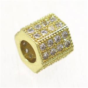 European style copper tube beads paved zircon, gold plated, approx 7.5-8mm