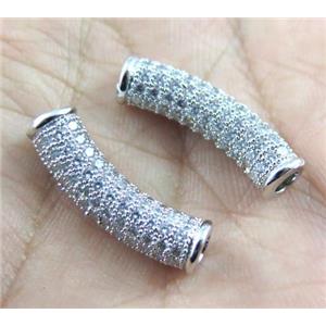copper tube beads paved zircon, platinum plated, approx 6x25mm, 3mm hole